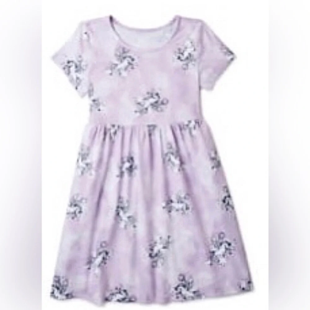 Little girl lavender purple unicorn print‎ short sleeve play dress Size XS (4-5)